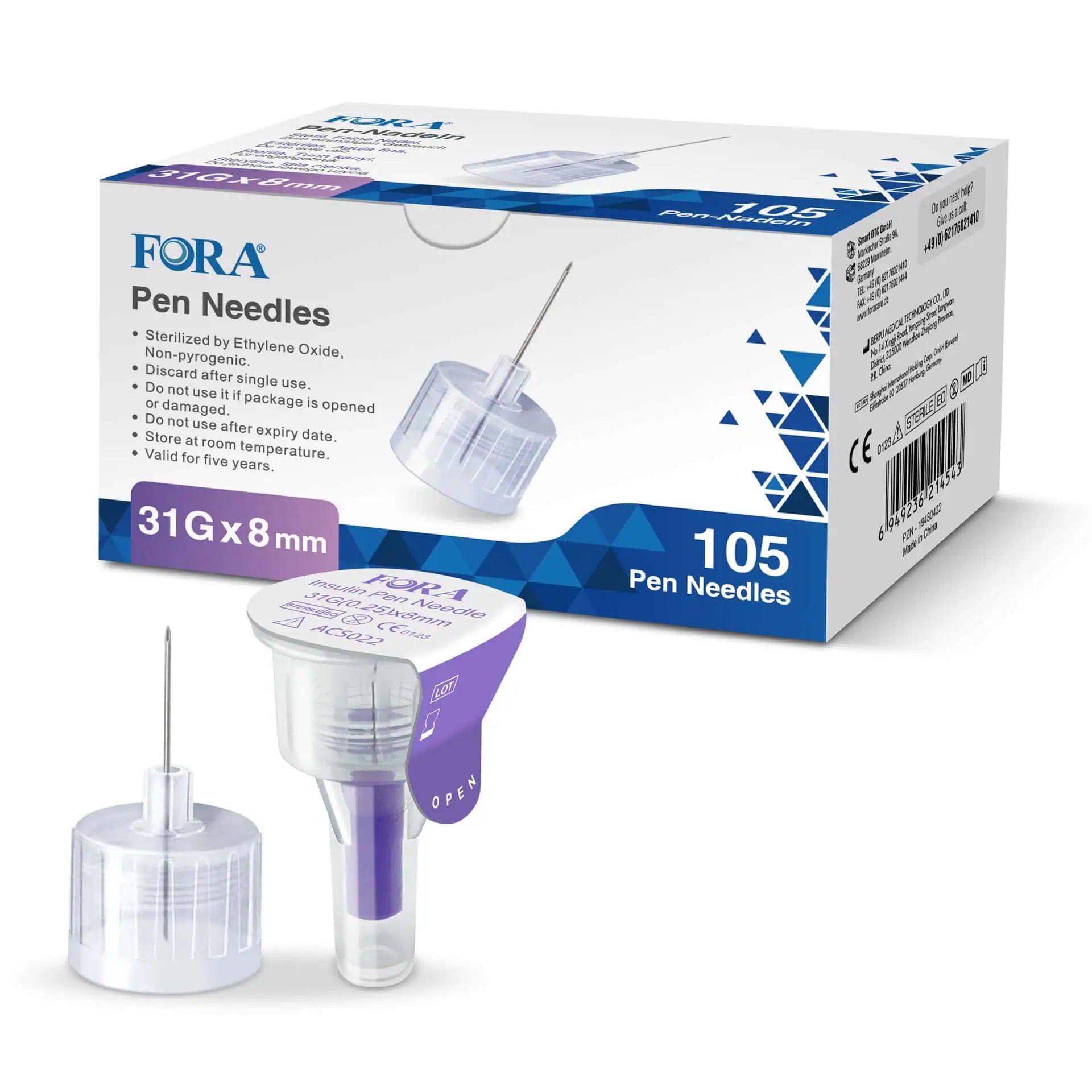 Aghi per penna FORA 31G x 8mm, 105 pezzi. Sterili e confezionati singolarmente.