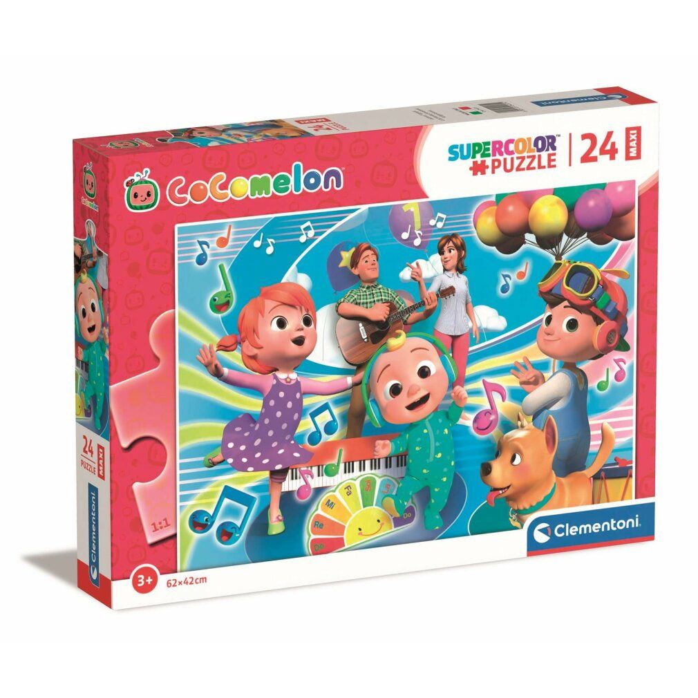 Puzzle Clementoni CoComelon, 24 pezzi, confezione. Scritte: CoComelon, Supercolor Puzzle, 62x42cm, 3+.