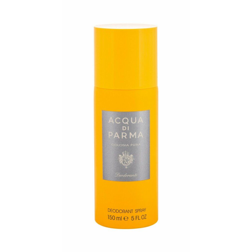 Spray deodorante giallo con tappo giallo. Etichetta argentata con testo: Acqua di Parma, Colonia Pura. In basso: Deodorant Spray, 150 ml, 5 FL OZ.