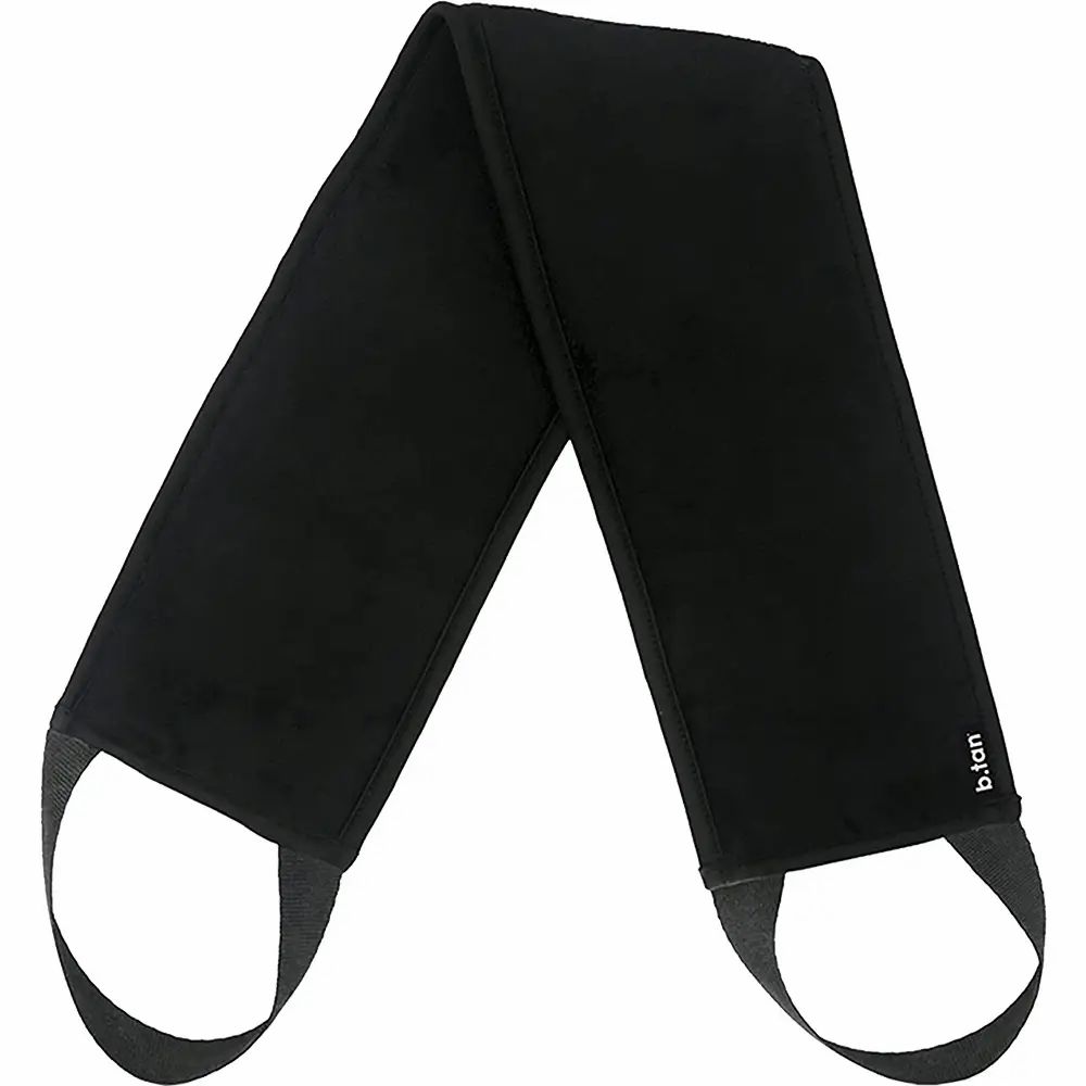 Applicatore per abbronzatura posteriore nero con passanti. Logo b.tan in basso a destra.