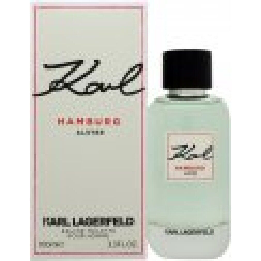 Flacone e confezione. Scritta Karl Hamburg Alster. Sotto Karl Lagerfeld. Eau de Toilette.