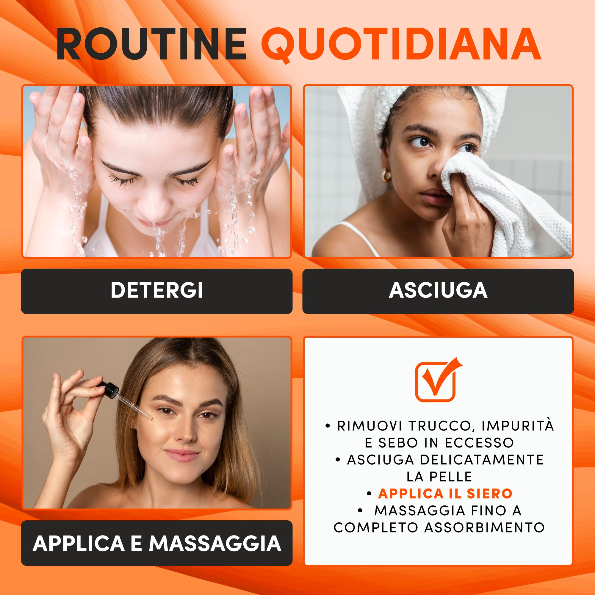 Fasi di applicazione: Detergere, asciugare, applicare e massaggiare il siero. Applicazione del prodotto.