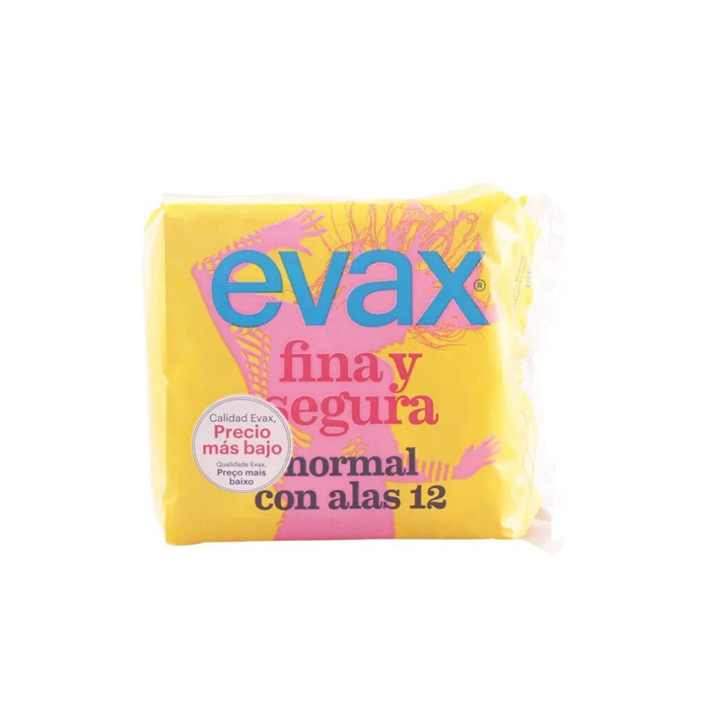 Confezione gialla con scritta rosa "evax fina y segura normal con alas 12". Adesivo: "Calidad Evax, Precio más bajo".