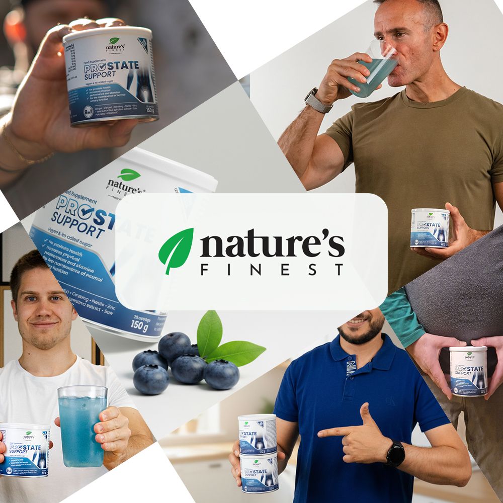 Collage: Uomini con barattolo Nature's Finest Prostate Support, bicchiere, bacche, logo.