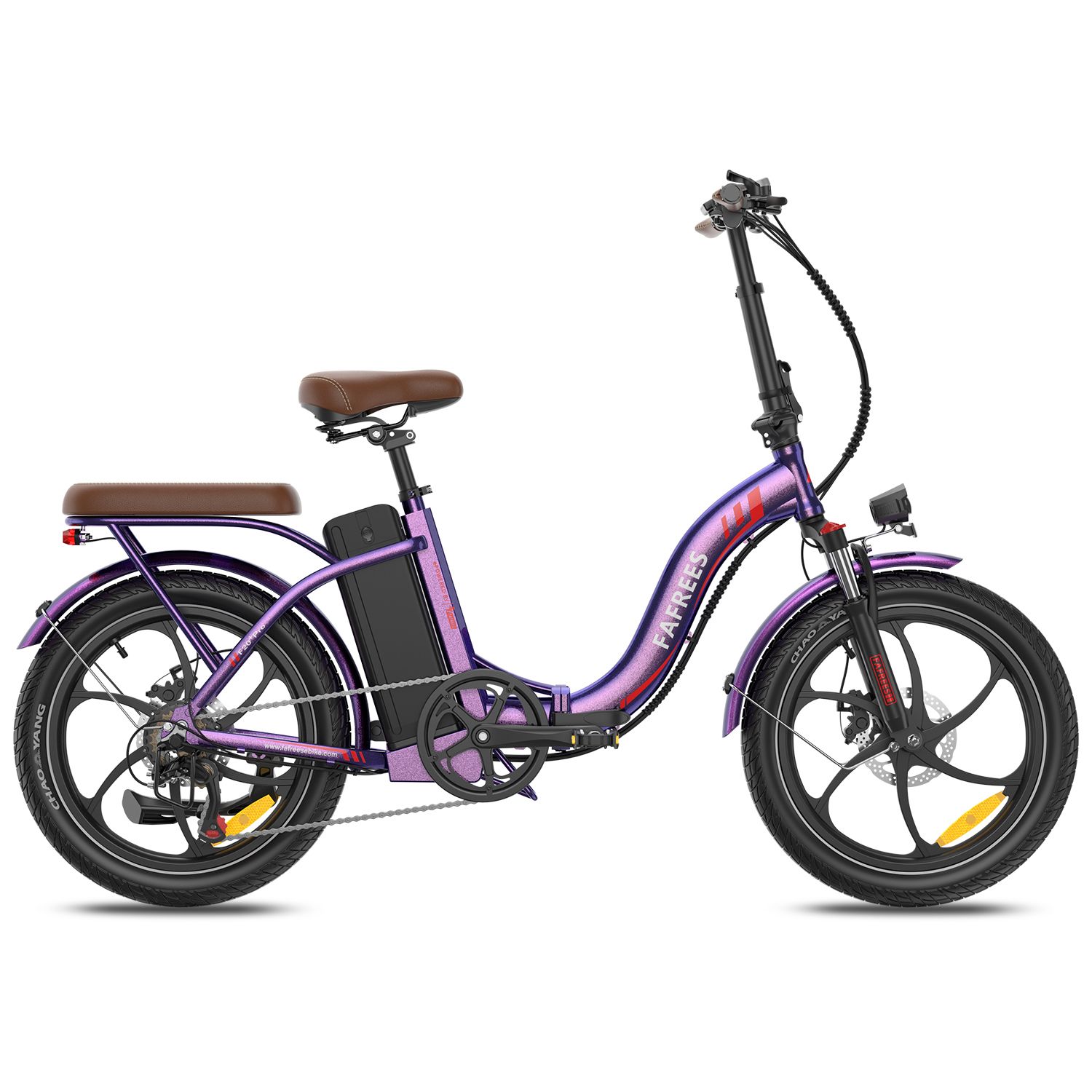 E-bike pieghevole viola, sella e portapacchi marroni. Pneumatici, cerchi e batteria neri. Marchio FAFREES.