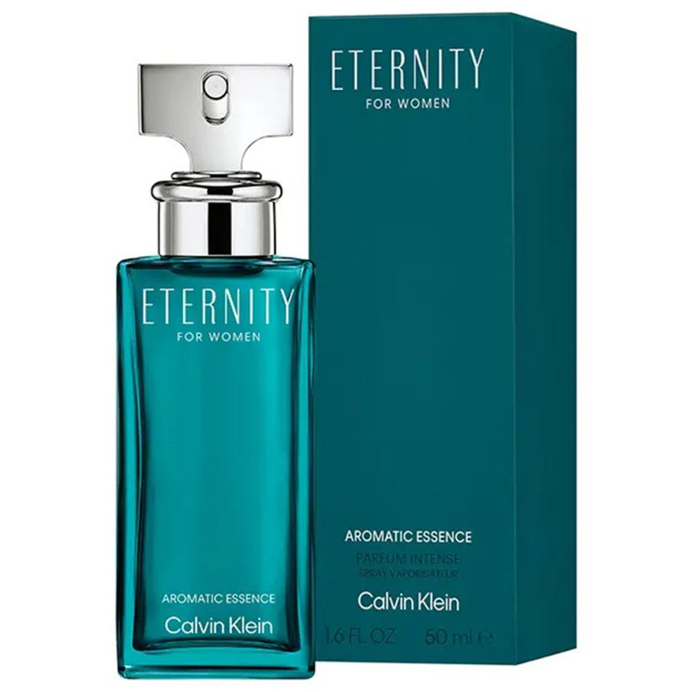 Flacone e scatola turchese. Scritta: Eternity for Women, Aromatic Essence, Calvin Klein. 50 ml.