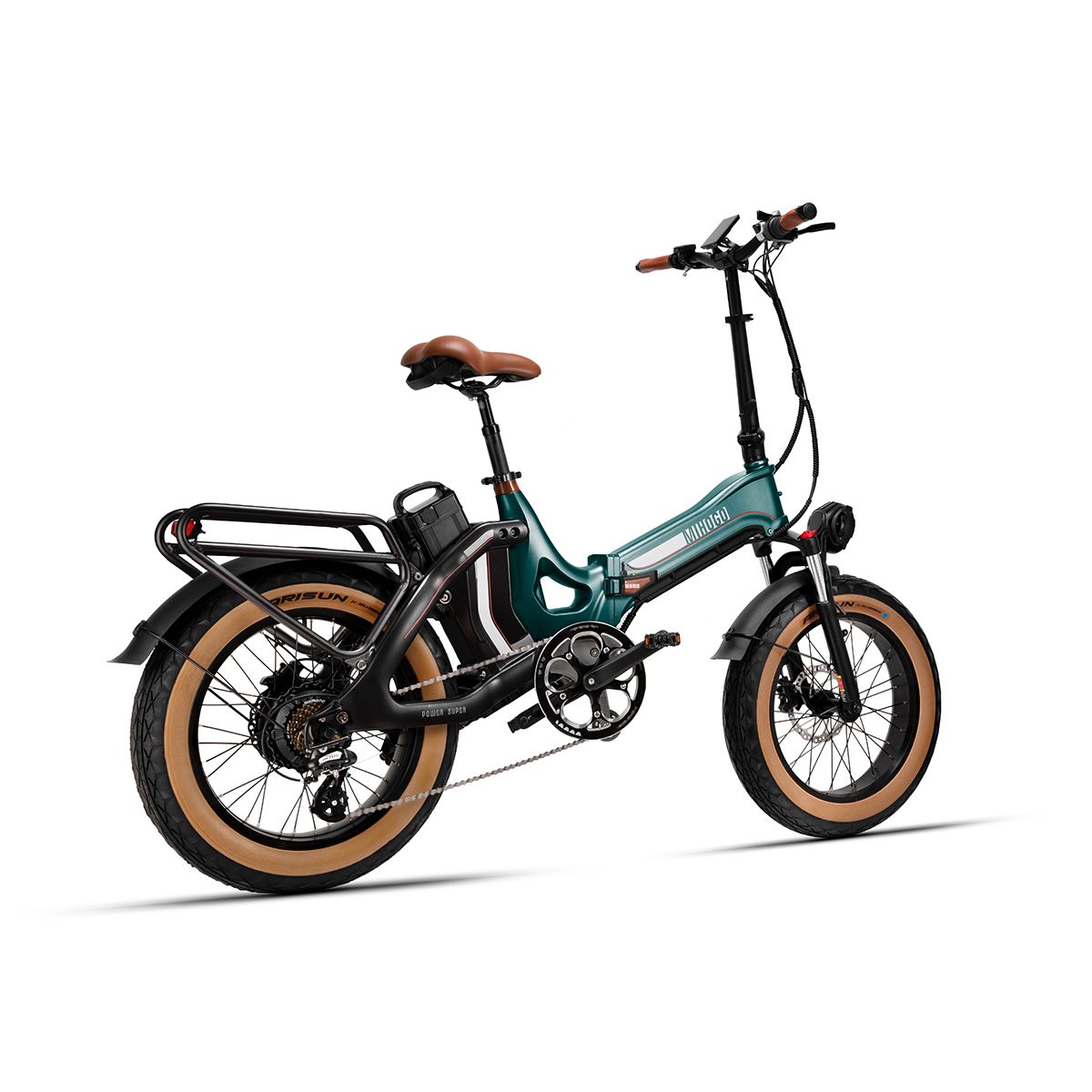 E-bike pieghevole, verde, sella e pneumatici marroni, portapacchi. Dettagli neri. Con navigazione.