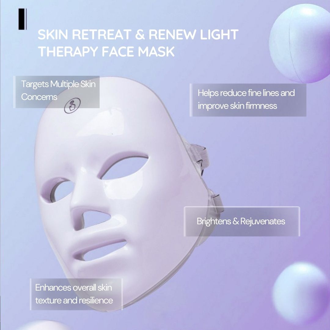 Maschera facciale bianca con caselle di testo che descrivono i benefici per la pelle. Un piccolo simbolo è raffigurato in alto.