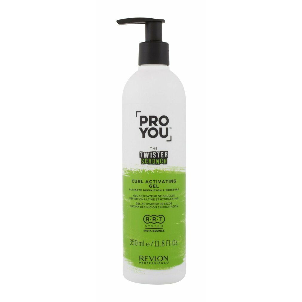 Flacone con erogatore nero. Scritta: PRO YOU, THE TWISTER SCRUNCH, CURL ACTIVATING GEL. Colori verde e bianco. 350ml/11.8 Fl. Oz. Revlon Professional.