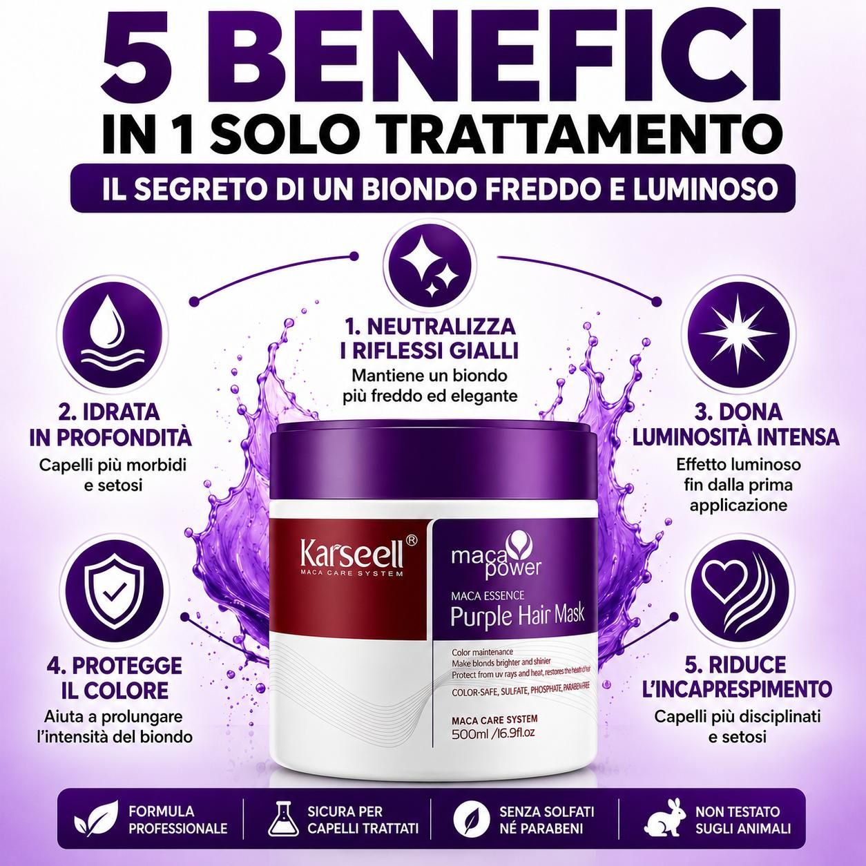 KARSEELL Maschera Capelli Viola Toner Biondi Platino Decolorati Grigi Bianchi Antigiallo