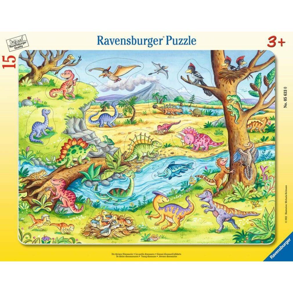 Puzzle di dinosauri, 15 pezzi. Paesaggio con alberi, fiume e varie specie di dinosauri. Marchio Ravensburger.