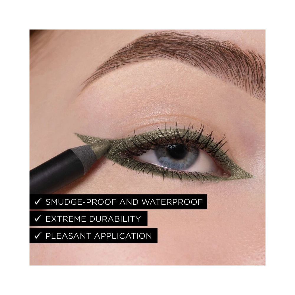 Occhio con eyeliner verde. Viene utilizzata una matita, con testo: Smudge-proof and waterproof, Extreme durability, Pleasant application.