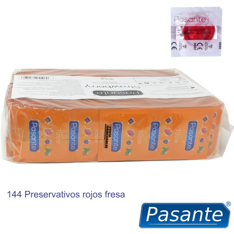 144 preservativi Pasante Fragola rossi in confezione grande.