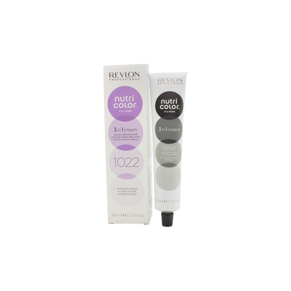 Maschera colorante per capelli in tubo e scatola. Scritta: Revlon, Nutri Color Filters, 3 in 1 cream, 1022. Tubo: 100 ml/3.3 Fl. Oz.