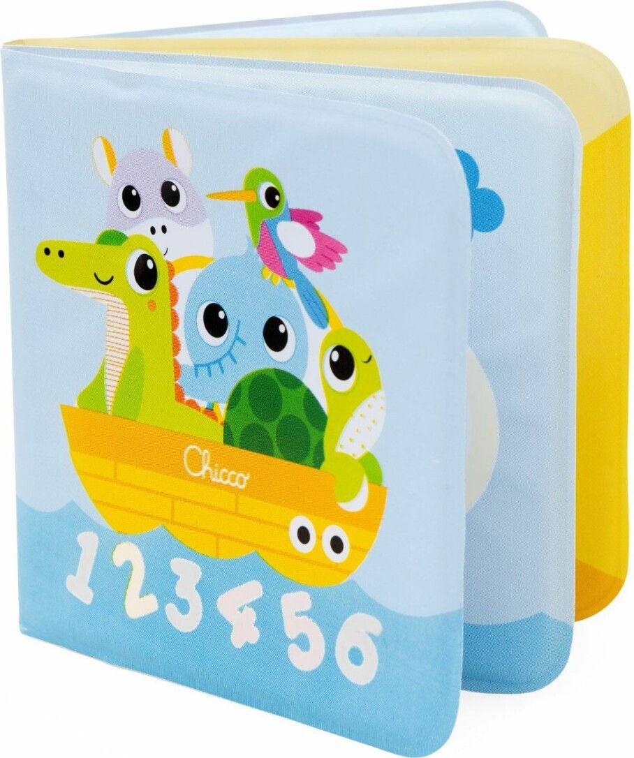 Libro da bagno con illustrazioni di animali e numeri. Pagine gialle, copertina blu con barca e personaggi. Marchio: Chicco.