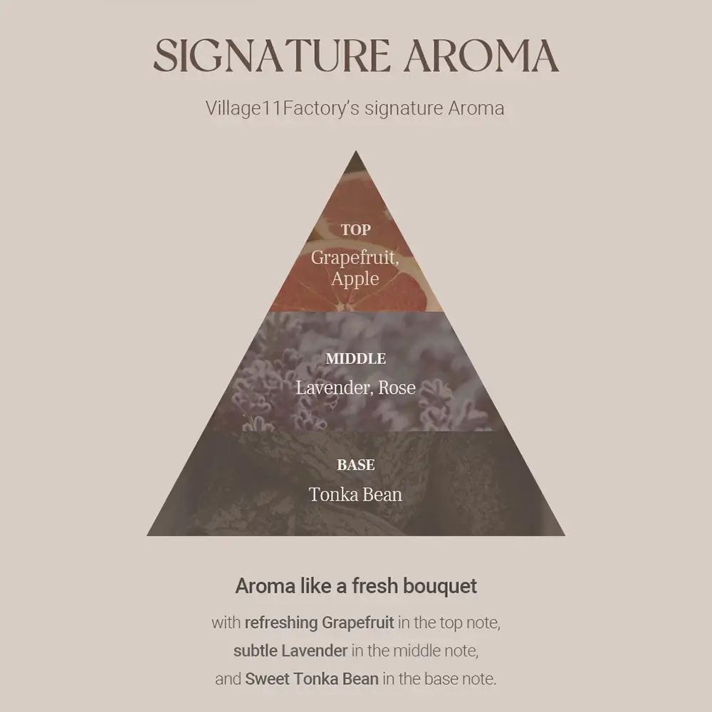Infografica. Piramide olfattiva con pompelmo, mela, lavanda, rosa e fava tonka. Testo: Signature Aroma.