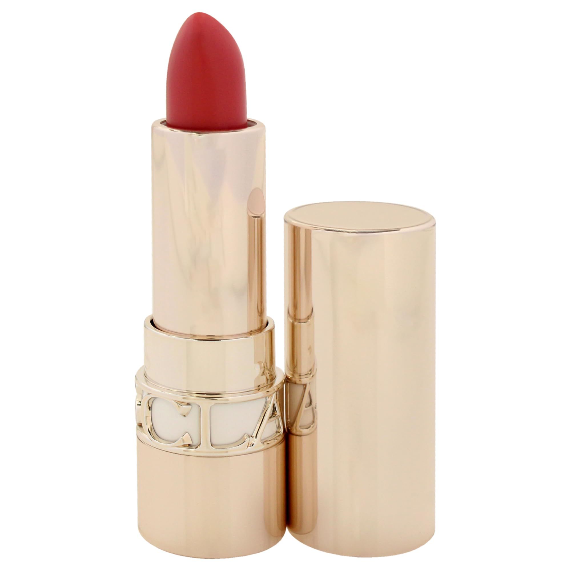 Rossetto rosso in astuccio dorato, aperto. Il rossetto è visibile.