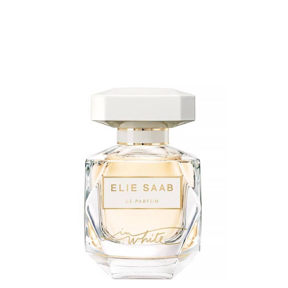 Flacone di profumo con tappo bianco e dettagli dorati. Scritta: ELIE SAAB LE PARFUM in white.