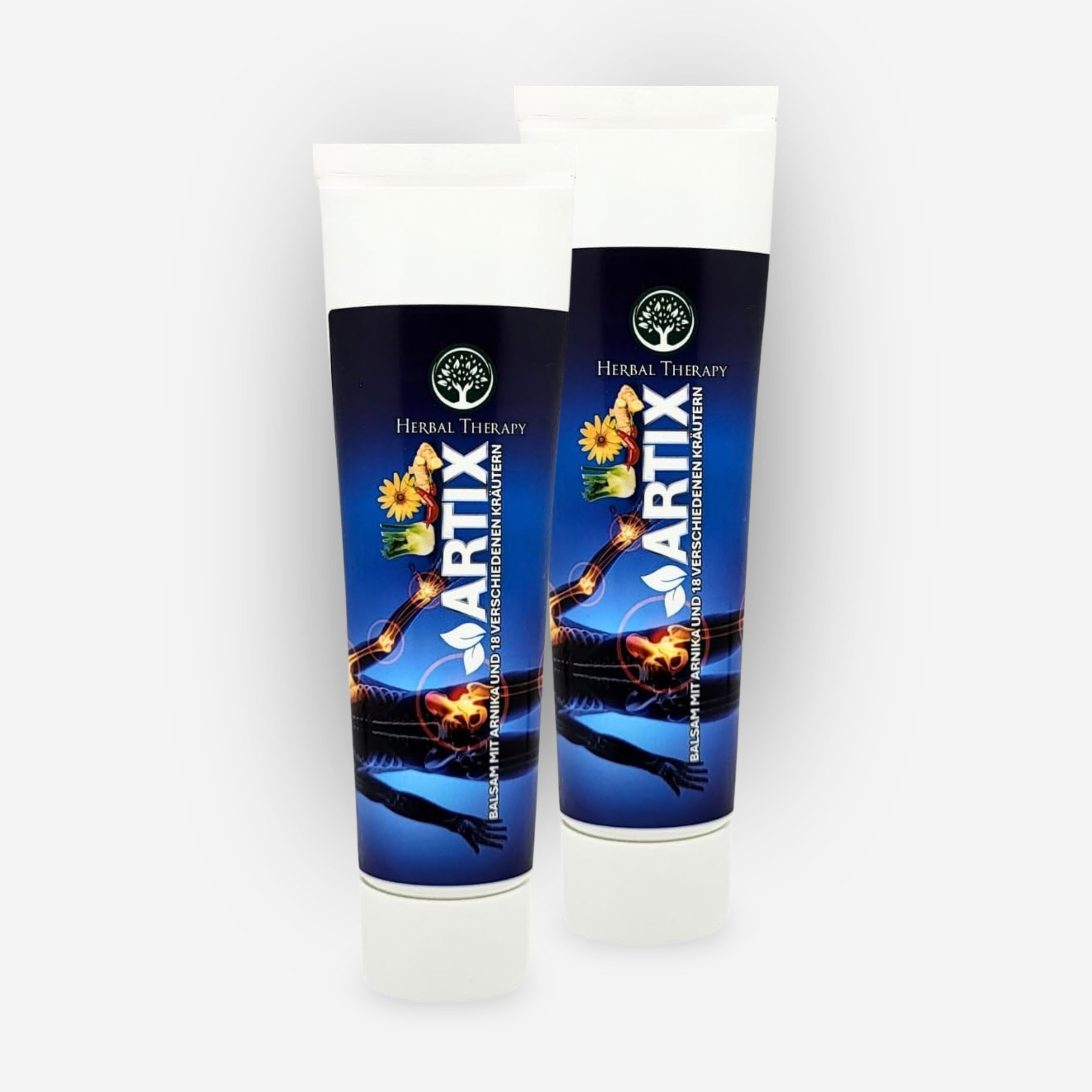 Due tubetti del balsamo Artix con arnica e 18 erbe. La confezione mostra una figura umana con articolazioni doloranti.