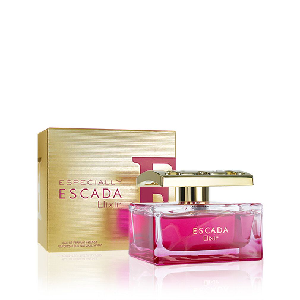 Scatola dorata e flacone. Flacone con liquido rosa. Scritta: ESCADA Elixir. Eau de Parfum Intense.