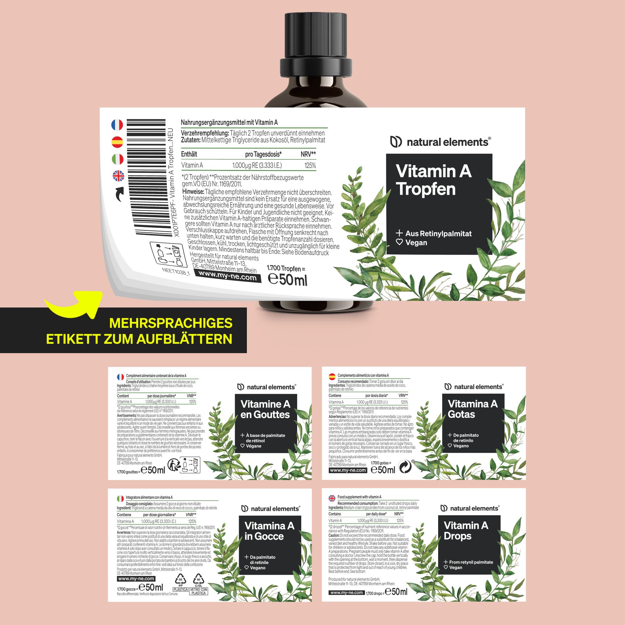 Flacone del prodotto con etichetta staccabile. Informazioni multilingue. Etichette in tedesco, francese, italiano e olandese.