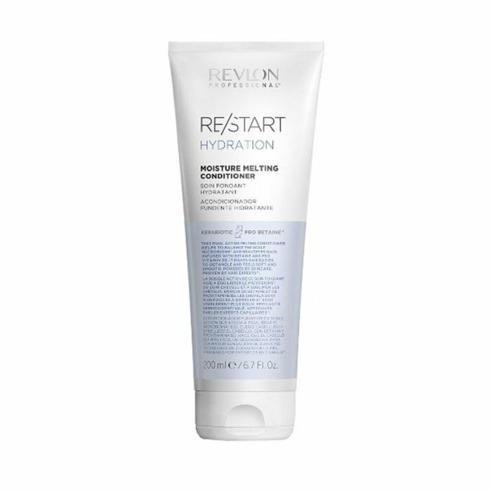 Tubo bianco Revlon Re-Start Hydration Conditioner. Testo: Moisture Melting Conditioner, 200 ml/6.7 fl oz.