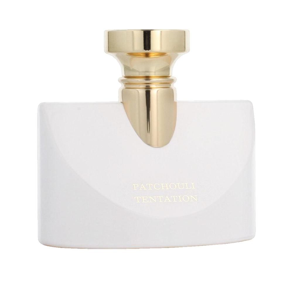 Flacone bianco con tappo dorato. Scritta "Patchouli Tentation".