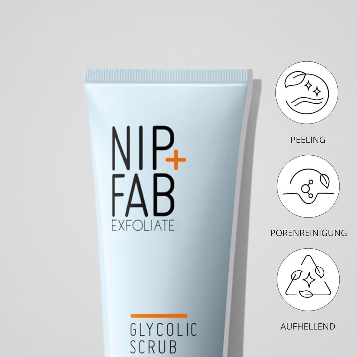 Tubo di prodotto. Marchio NIP+FAB, EXFOLIATE, GLYCOLIC SCRUB. Simboli: peeling, pulizia pori, illuminante.