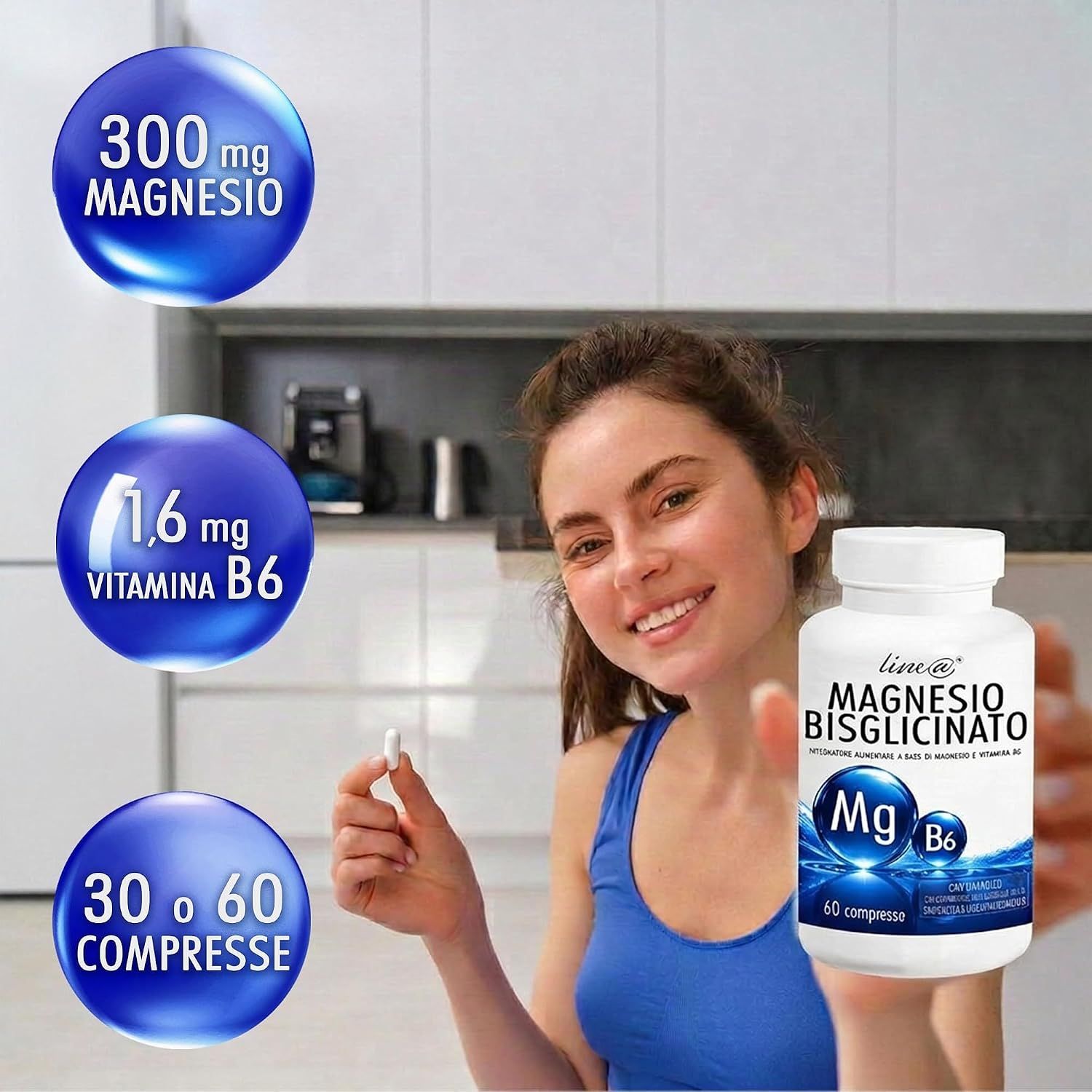 Integratore alimentare: Magnesio Bisglicinato con Vitamina B6, 60 capsule.
