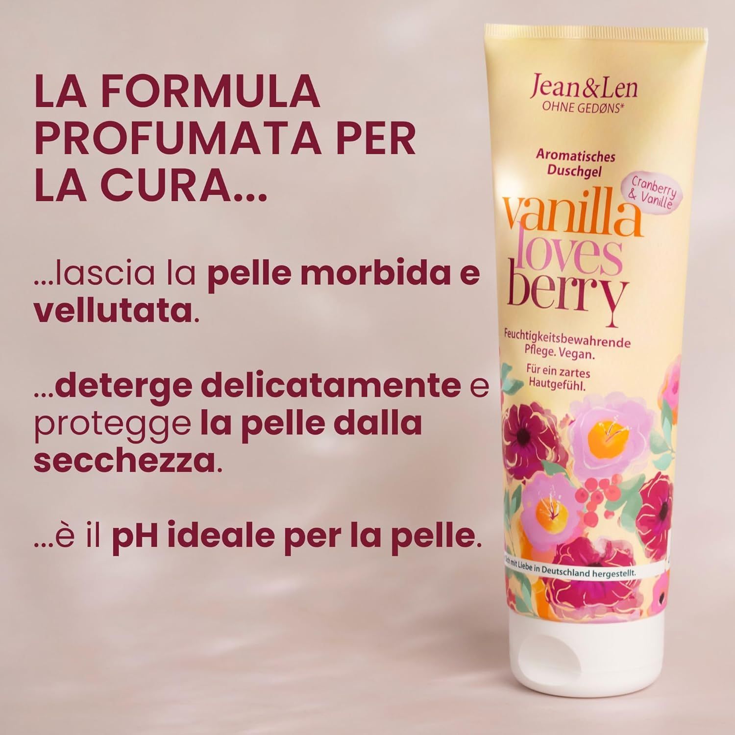 Tubo di gel doccia, testo: Gel doccia aromatico, Vanilla loves Berry. Testo: La formula profumata... lascia la pelle morbida. pH ideale.
