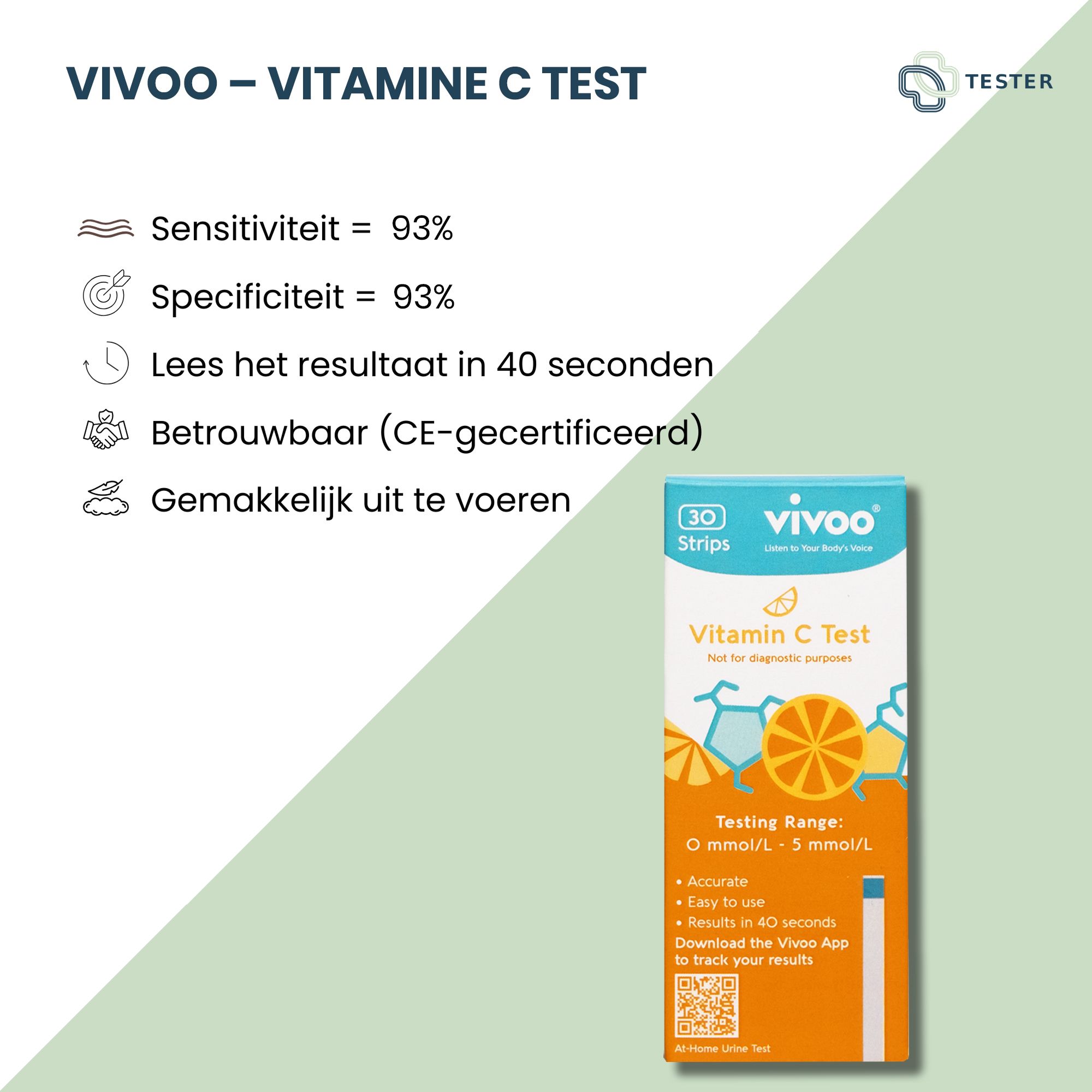 Test di vitamina C Vivoo. Confezione da 30 strisce. Informazioni sul prodotto e logo Tester. Testo: Risultati in 40 secondi.