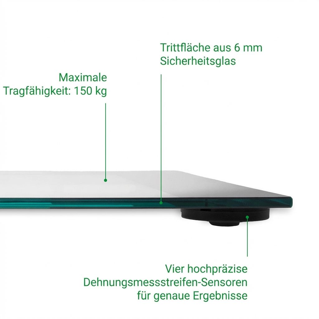 Vista dettagliata di una bilancia in vetro: vetro di sicurezza 6 mm, capacità 150 kg, 4 sensori.