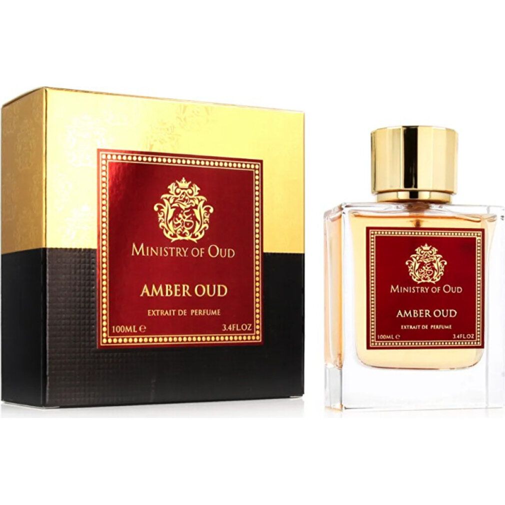 Flacone di profumo e confezione. Flacone quadrato, trasparente. Tappo dorato. Etichette rosse con testo. Confezione oro-nera.