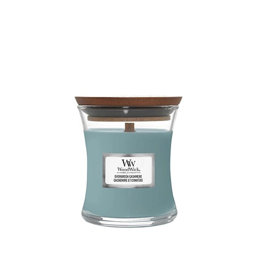 Candela in vetro con coperchio in legno. Etichetta con "WW" e "Evergreen Cashmere".