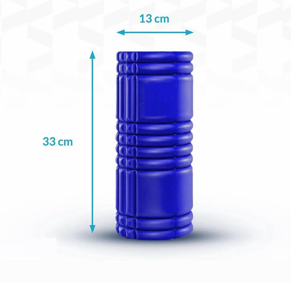 Rullo in schiuma blu. Dimensioni: 33 cm di altezza, 13 cm di diametro. Superficie scanalata.