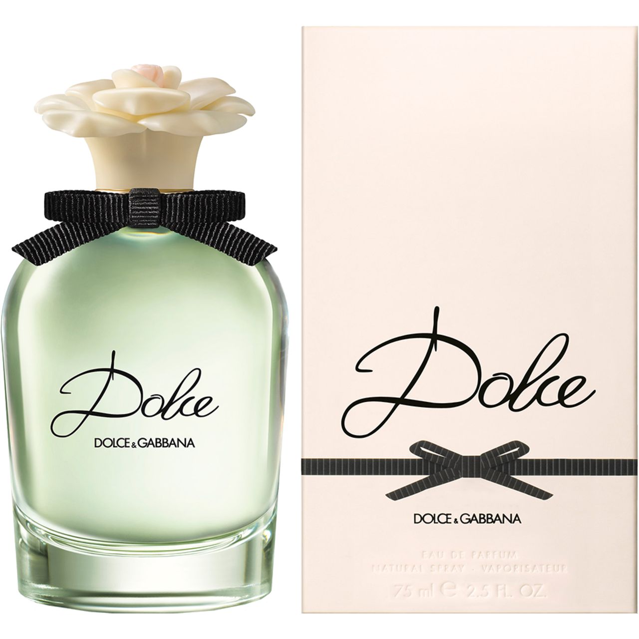 Flacone di profumo con confezione. Flacone con fiore bianco, fiocco nero e scritta 'Dolce'.