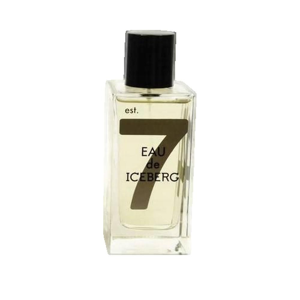 Flacone di vetro con tappo nero. Scritta "EAU de ICEBERG 7".