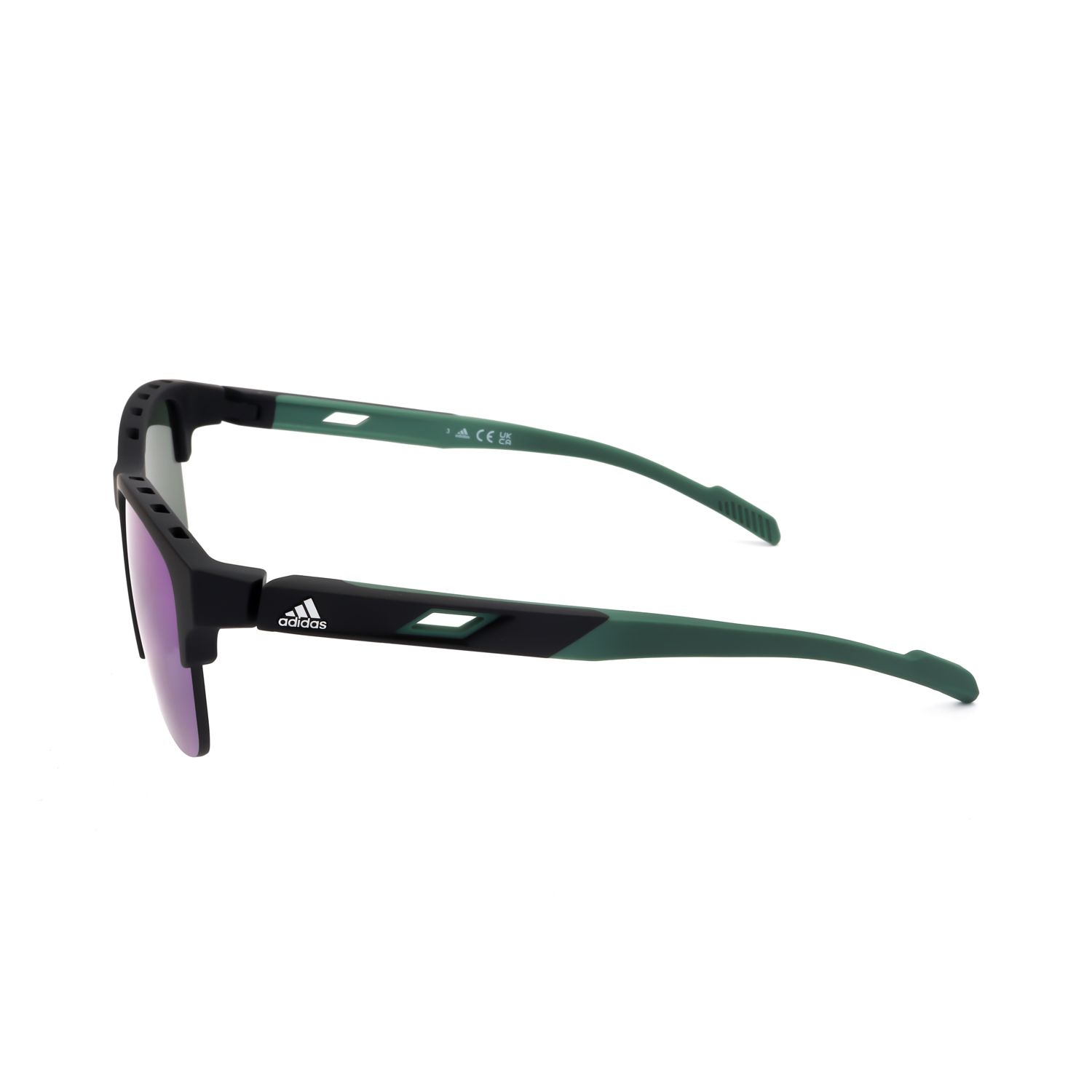 Occhiali da sole Adidas neri con accenti verdi e lenti viola. Logo Adidas sulla stanghetta.