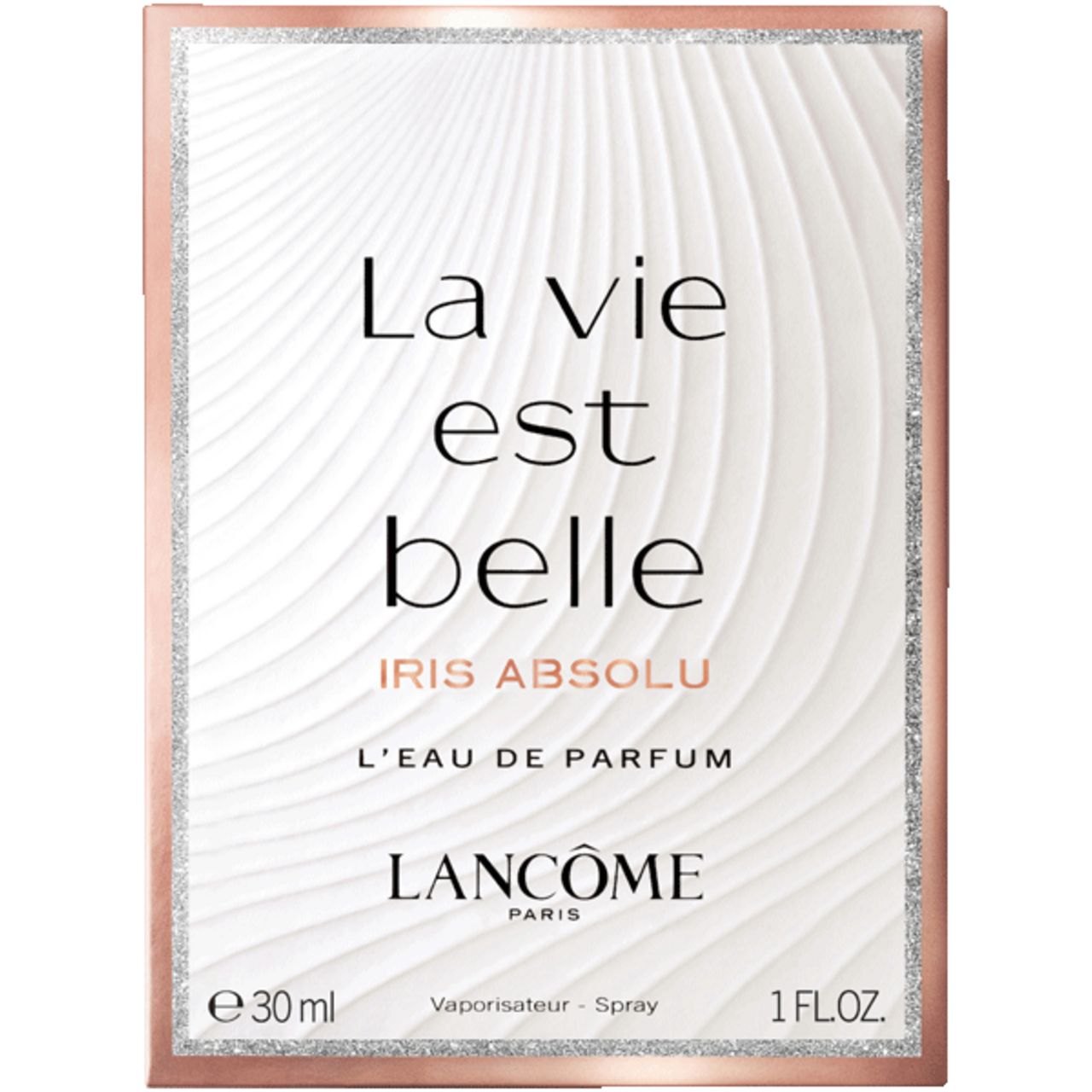 Confezione con testo: La vie est belle, Iris Absolu, L'Eau de Parfum, Lancôme. In basso: 30 ml, Vaporisateur-Spray.