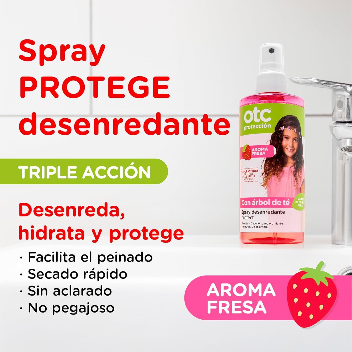 Flacone prodotto con testo e fragola. Testo: Spray PROTEGE desenredante. Triple Acción. Aroma Fresa.