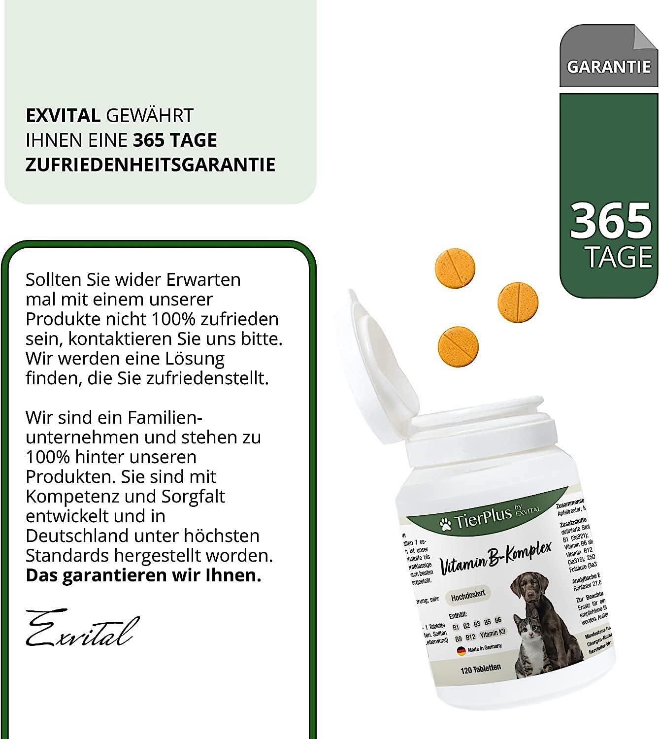 Compresse EXVital Vitamina B Complesso. Flacone bianco con compresse. Garanzia di soddisfazione di 365 giorni. TierPlus.