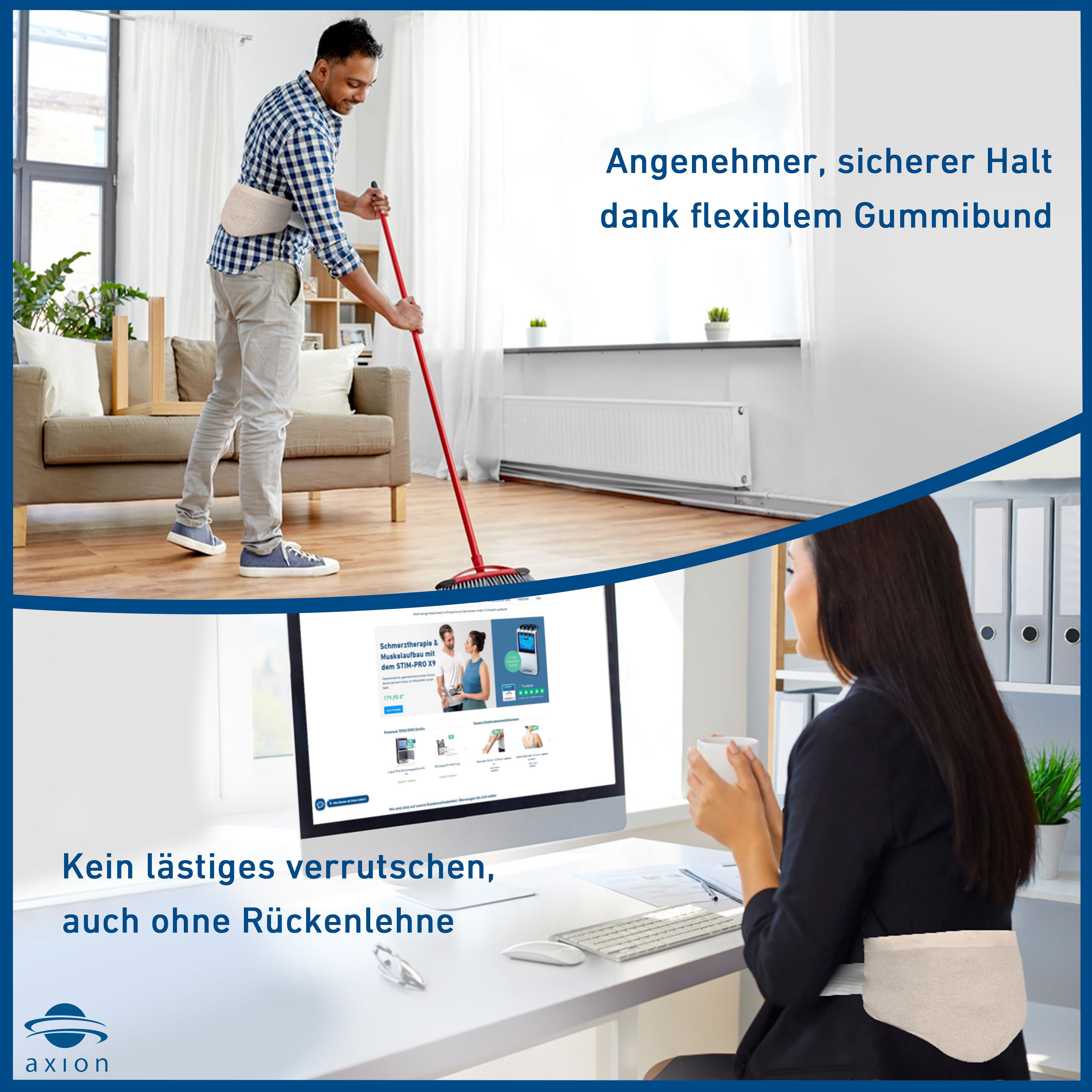 Uomo e donna con cuscino termico. Cintura elastica. Logo axion®.