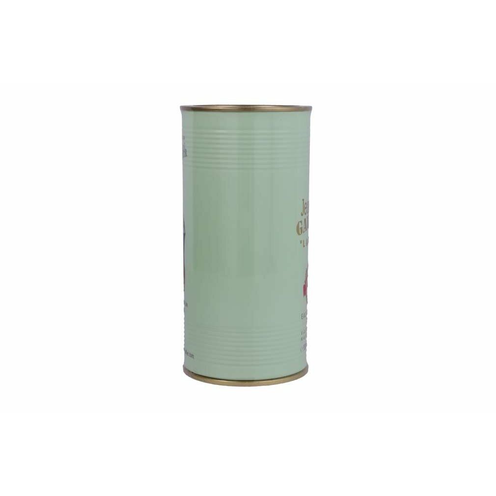 Scatola cilindrica verde con scritta Jean Paul Gaultier e logo.