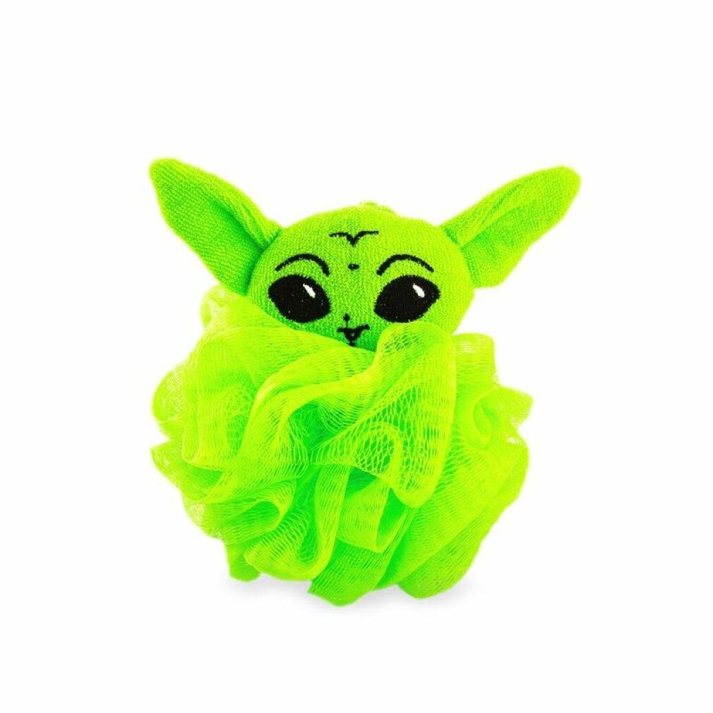 Saponetta verde con personaggio The Child. Materiale a rete verde-giallo. Viso The Child con occhi neri e orecchie.