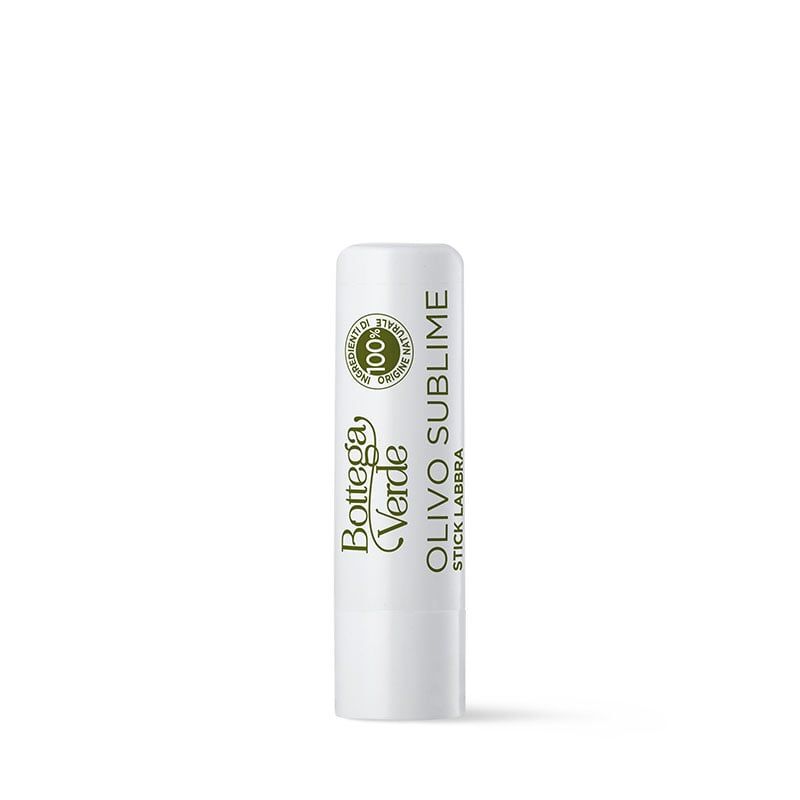 Stick labbra bianco con scritte verdi. Scritte: Bottega Verde, Olivo Sublime, Stick labbra.