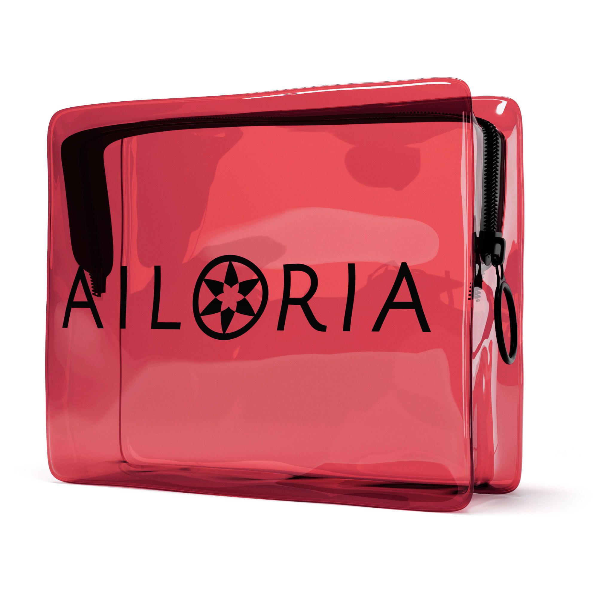 Borsa rossa trasparente con logo AILORIA e cerniera. Scritta nera.