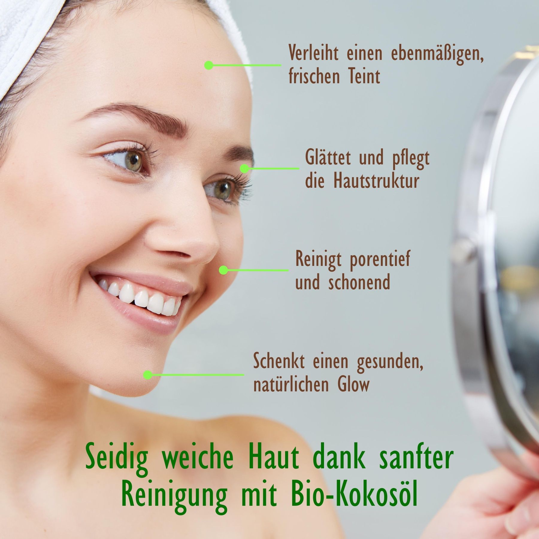 Donna con specchio. Testo: Pelle liscia e setosa grazie alla detersione delicata con olio di cocco bio. Cura del viso.