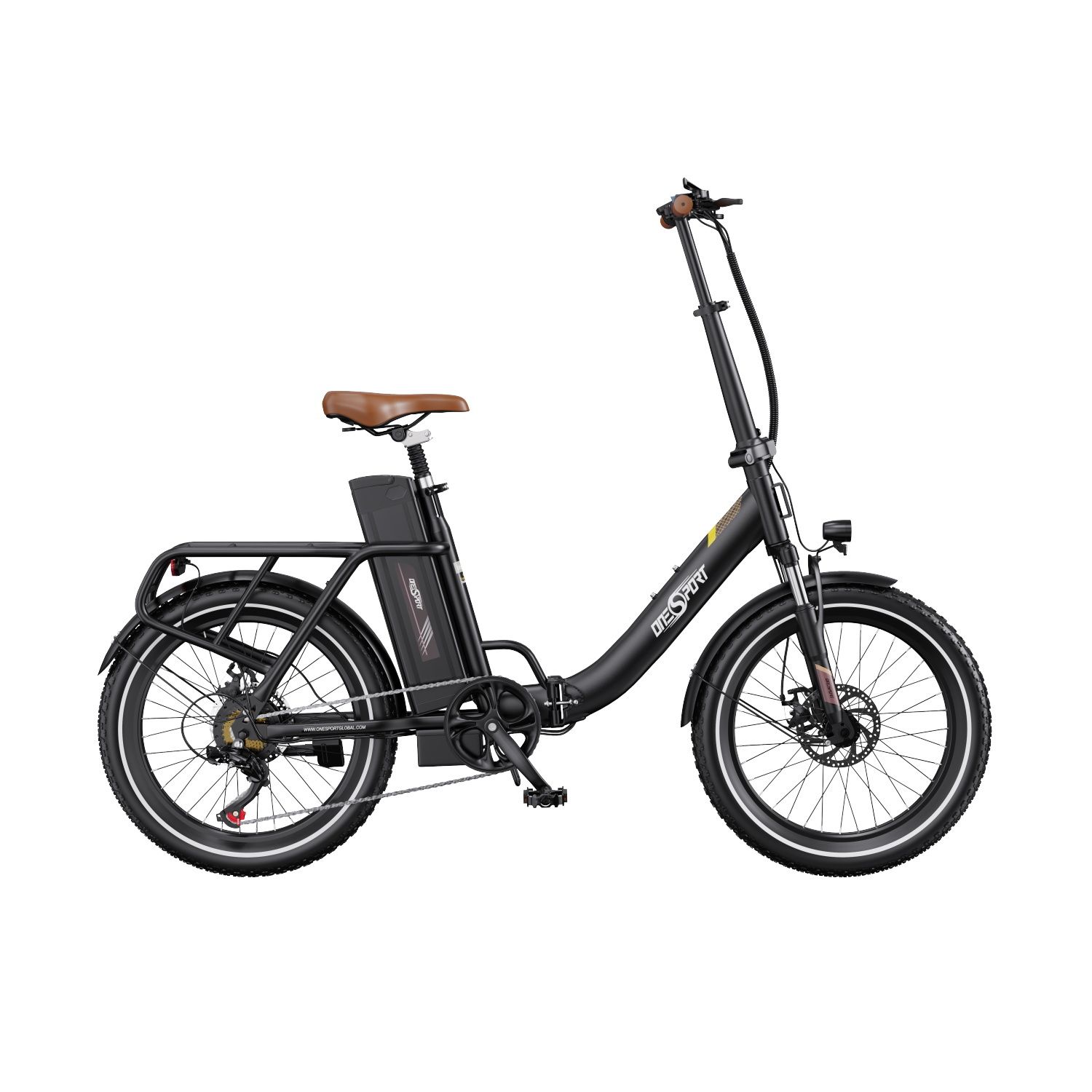 Bicicletta elettrica nera con sella marrone. Marchio ONESPORT visibile sul telaio.