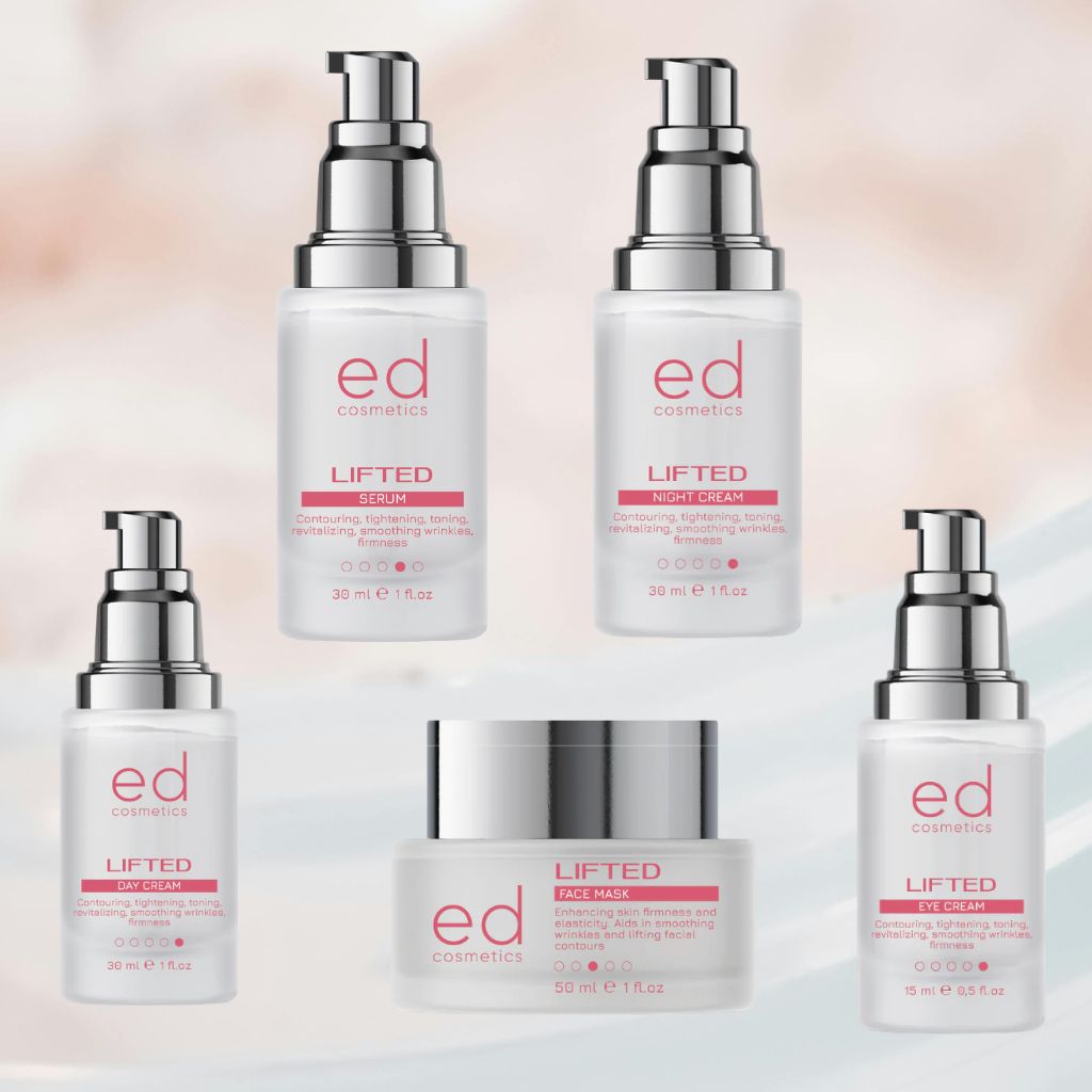 Vari prodotti ed cosmetics. Flaconi e vasetti. Scritta: LIFTED, Siero, Crema notte, Crema occhi, Maschera viso.