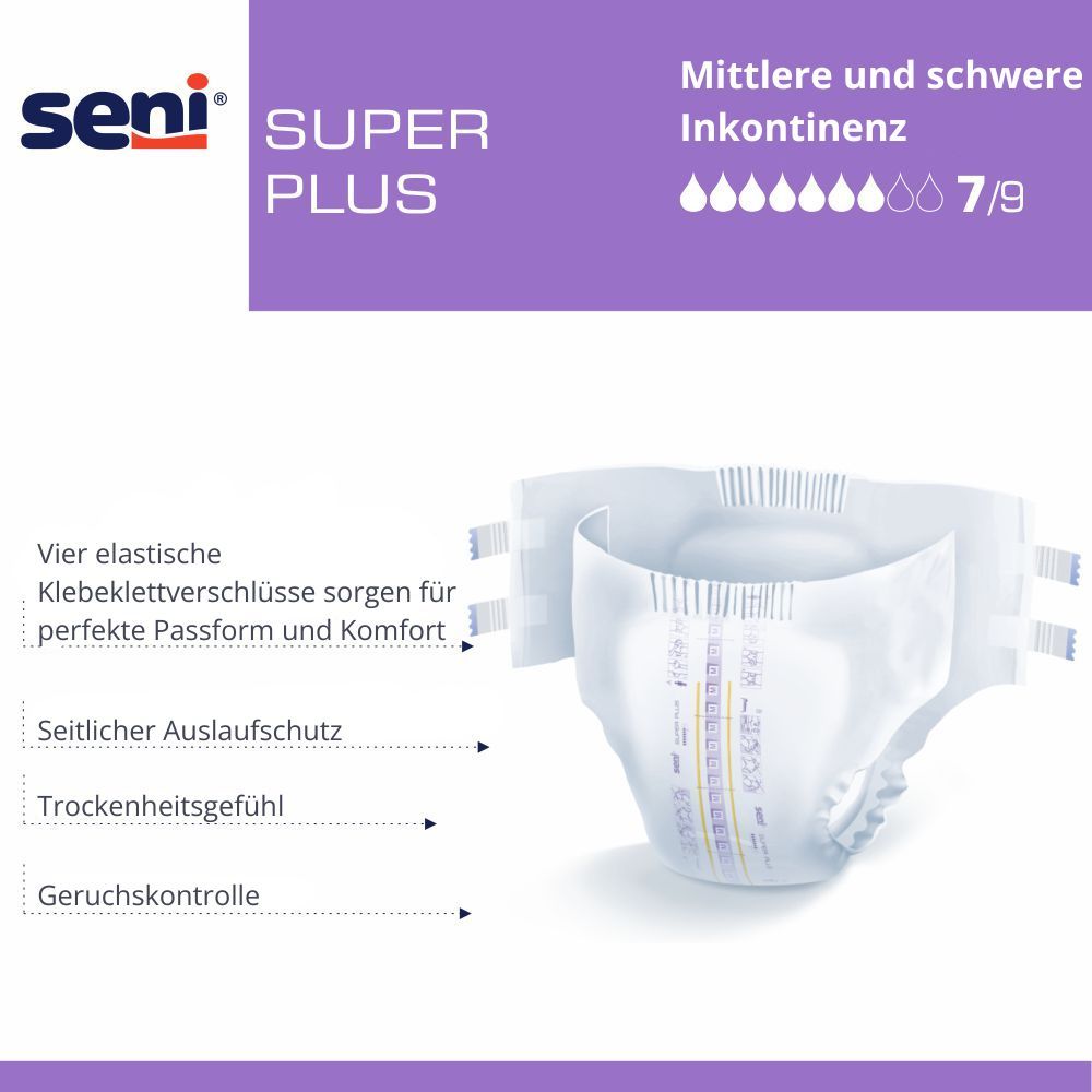 Super Seni Plus, con testo. Logo Seni. Incontinenza media e grave. Quattro chiusure.
